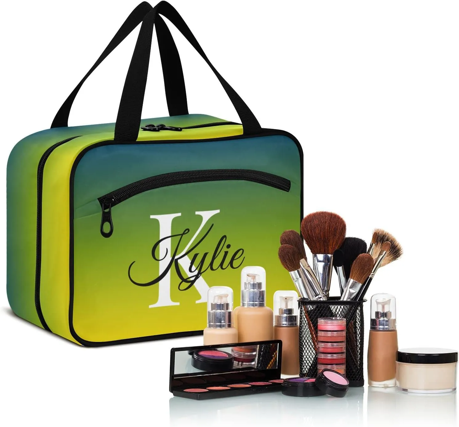 Green Yellow Gradient Personalized Toiletry Bag for Women Men Travel Makeup Bag Organizer with Hanging Hook Cosmetic Bags Hanging Toiletry Bag Travel Bag for Toiletries Accessories Brushes Bottle