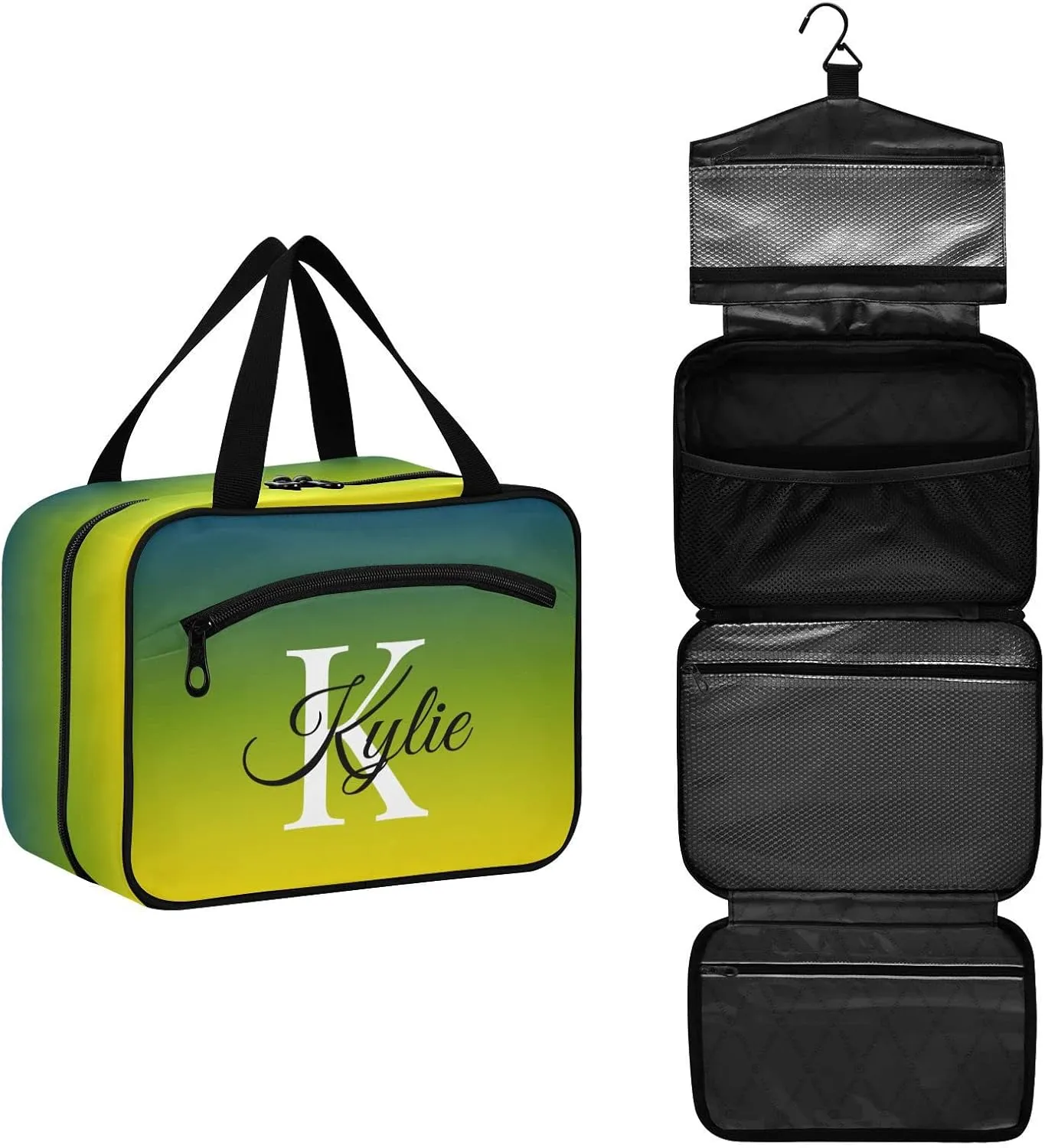 Green Yellow Gradient Personalized Toiletry Bag for Women Men Travel Makeup Bag Organizer with Hanging Hook Cosmetic Bags Hanging Toiletry Bag Travel Bag for Toiletries Accessories Brushes Bottle