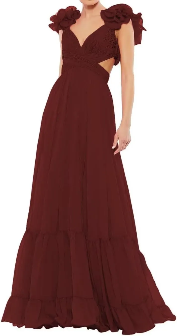 Guramisi Chiffon Ruffle Prom Dresses for Women Long A Line Bridesmaid Dresses Ruched Backless Formal Evening Gowns