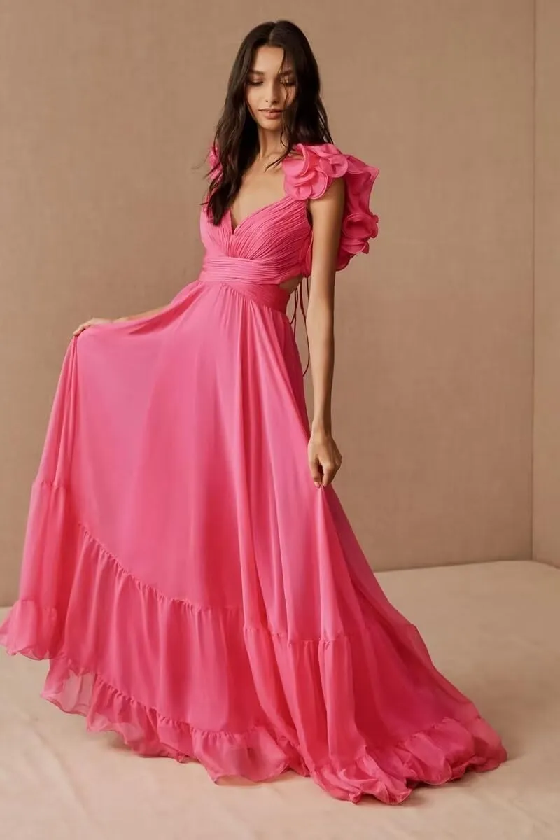 Guramisi Chiffon Ruffle Prom Dresses for Women Long A Line Bridesmaid Dresses Ruched Backless Formal Evening Gowns