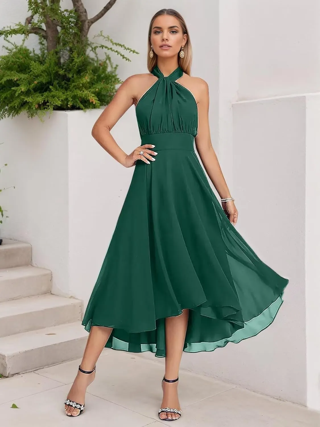 Halter Chiffon Bridesmaid Dresses for Women 2025 Tea Length Infinity Formal Wedding Guest Dress PA0266