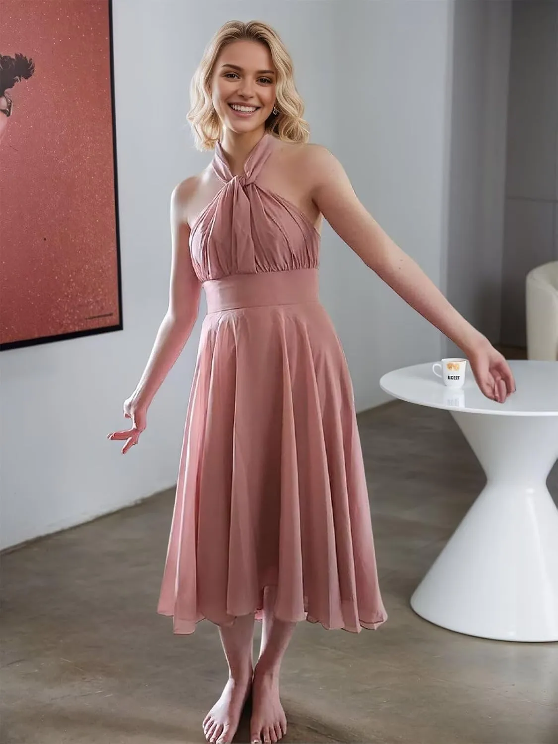 Halter Chiffon Bridesmaid Dresses for Women 2025 Tea Length Infinity Formal Wedding Guest Dress PA0266