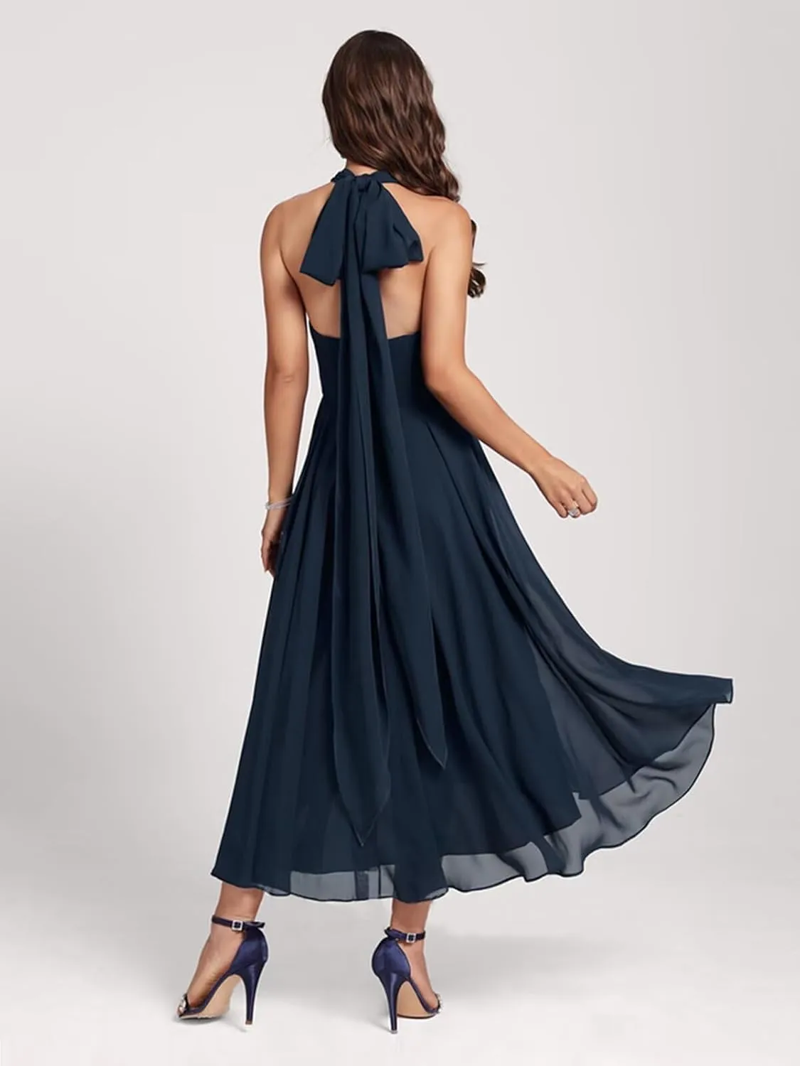 Halter Chiffon Bridesmaid Dresses for Women 2025 Tea Length Infinity Formal Wedding Guest Dress PA0266