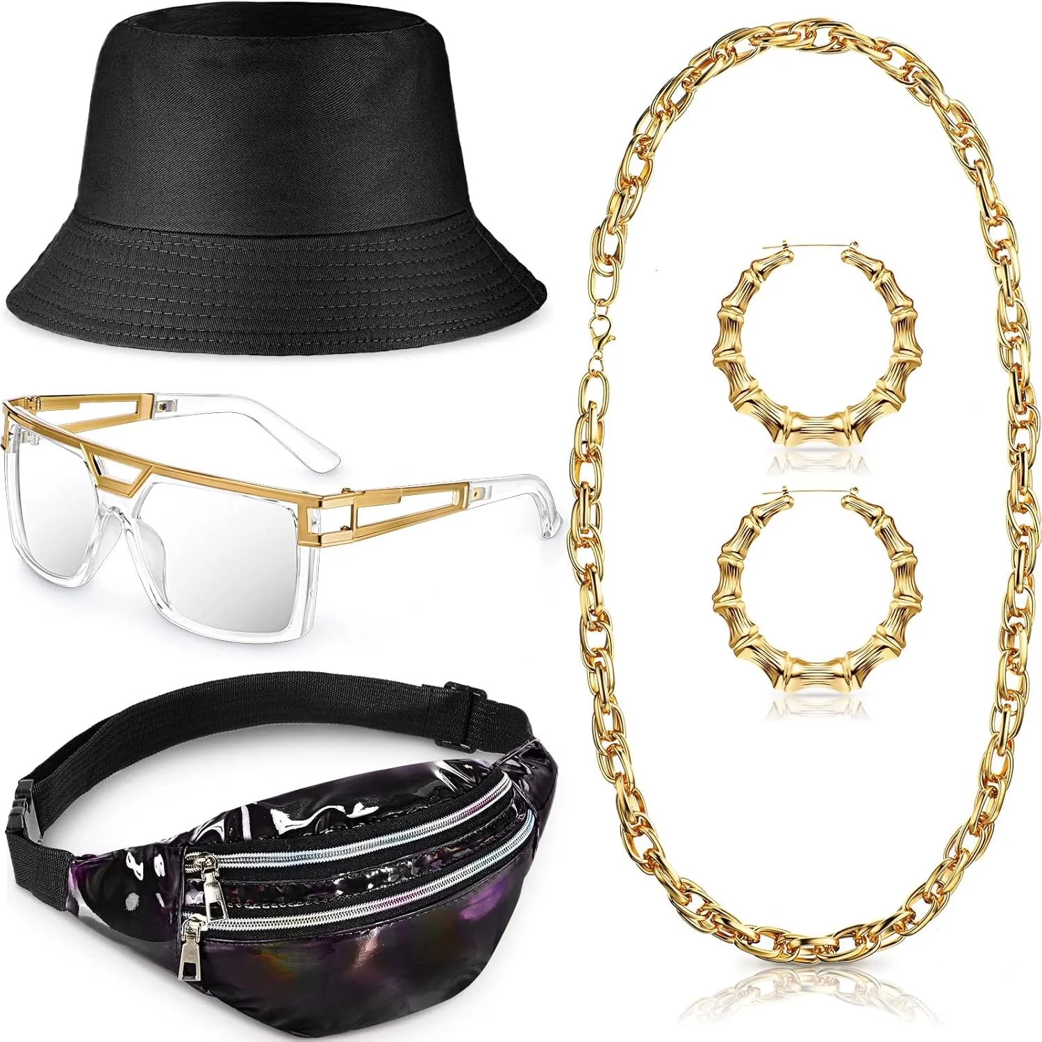 Handepo 5 Pcs Hip Hop Costume Kit 80s/90s Rapper Accessories Bucket Hat Sunglasses Rope Chain Hoop Earrings Waist Belt Bag