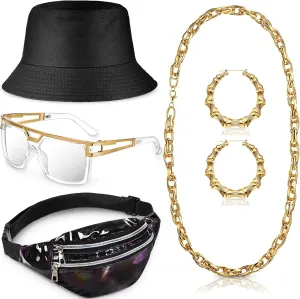 Handepo 5 Pcs Hip Hop Costume Kit 80s/90s Rapper Accessories Bucket Hat Sunglasses Rope Chain Hoop Earrings Waist Belt Bag