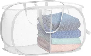 Handy Laundry Foldable Laundry Basket - Popup and Collapsible, Durable Mesh Material, Folds for Storage, Easy Carry Handles, Hamper for College Dorm, Laundry Room or Travel (White | 2-Compartments)