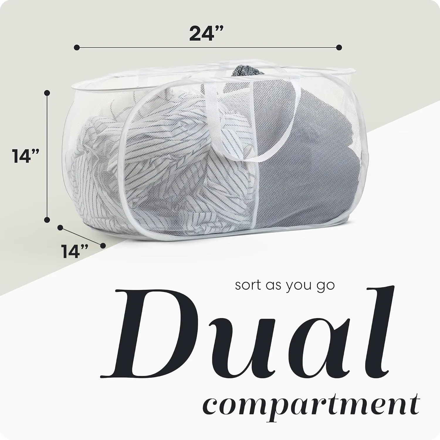 Handy Laundry Foldable Laundry Basket - Popup and Collapsible, Durable Mesh Material, Folds for Storage, Easy Carry Handles, Hamper for College Dorm, Laundry Room or Travel (White | 2-Compartments)