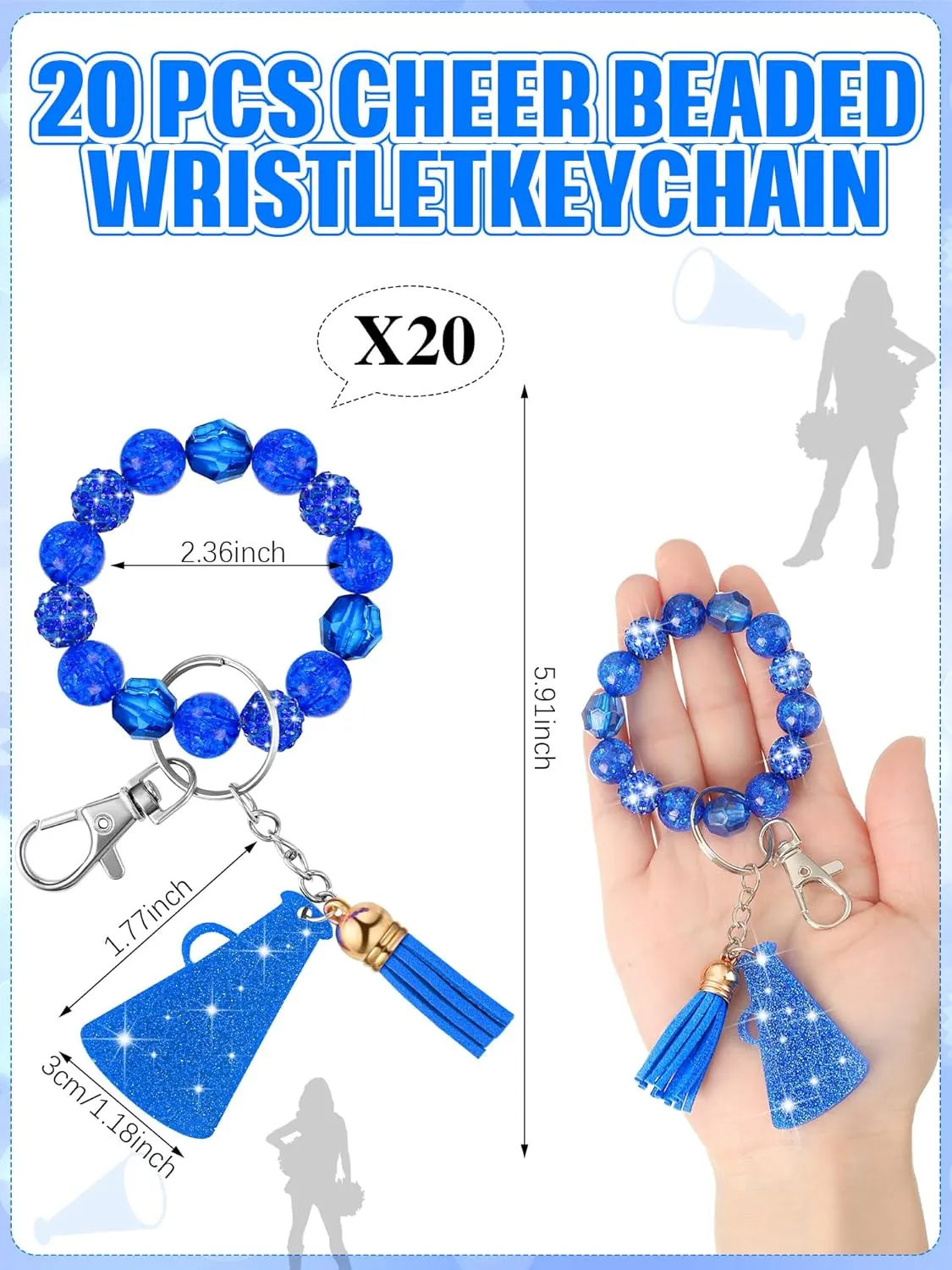 Henoyso 20 Pcs Cheer Beaded Wristlet Keychain Bulk Cheer Bow Keychain Sparkle Megaphone Key Ring Women Accessories Team Gift