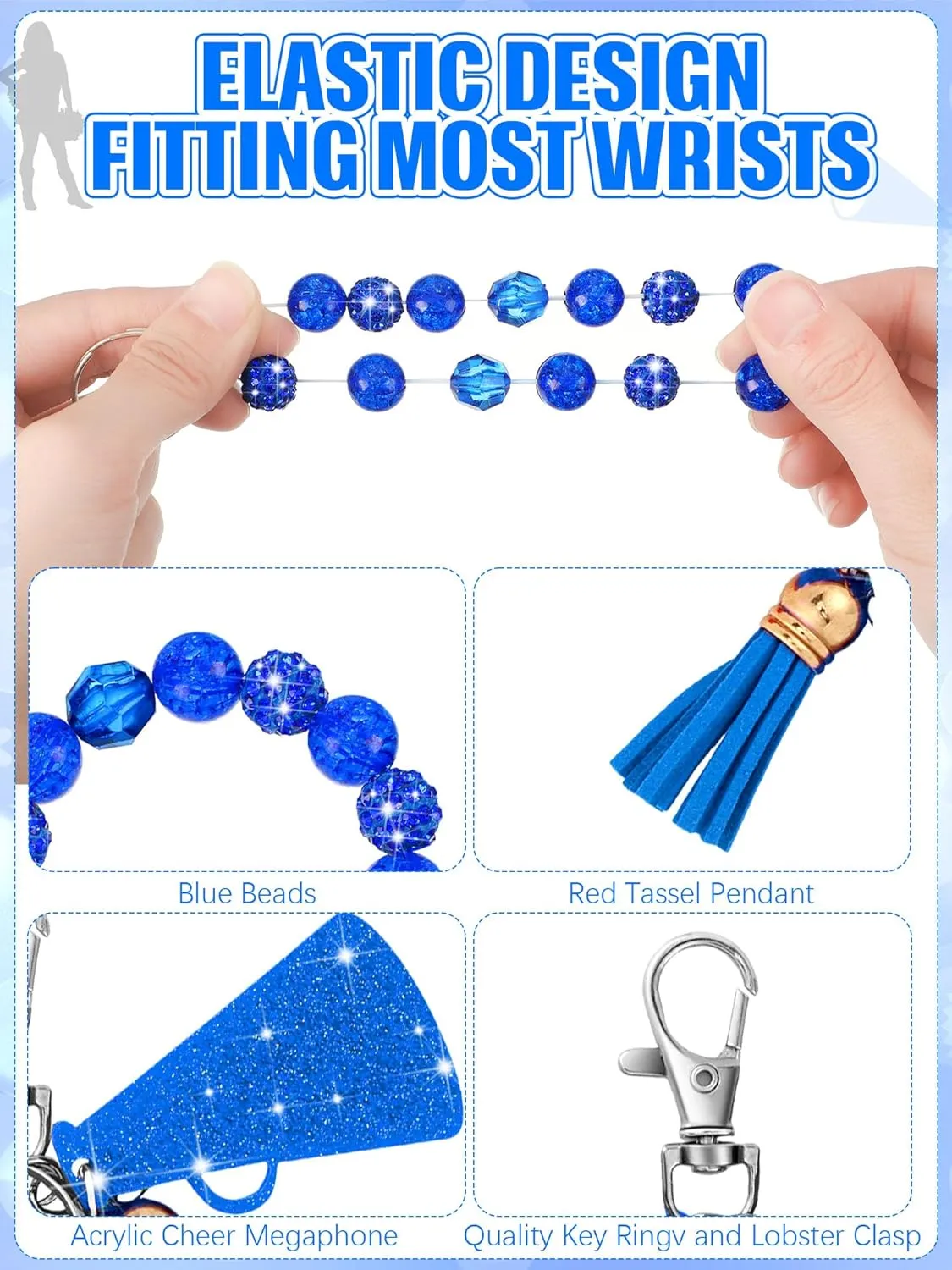 Henoyso 20 Pcs Cheer Beaded Wristlet Keychain Bulk Cheer Bow Keychain Sparkle Megaphone Key Ring Women Accessories Team Gift