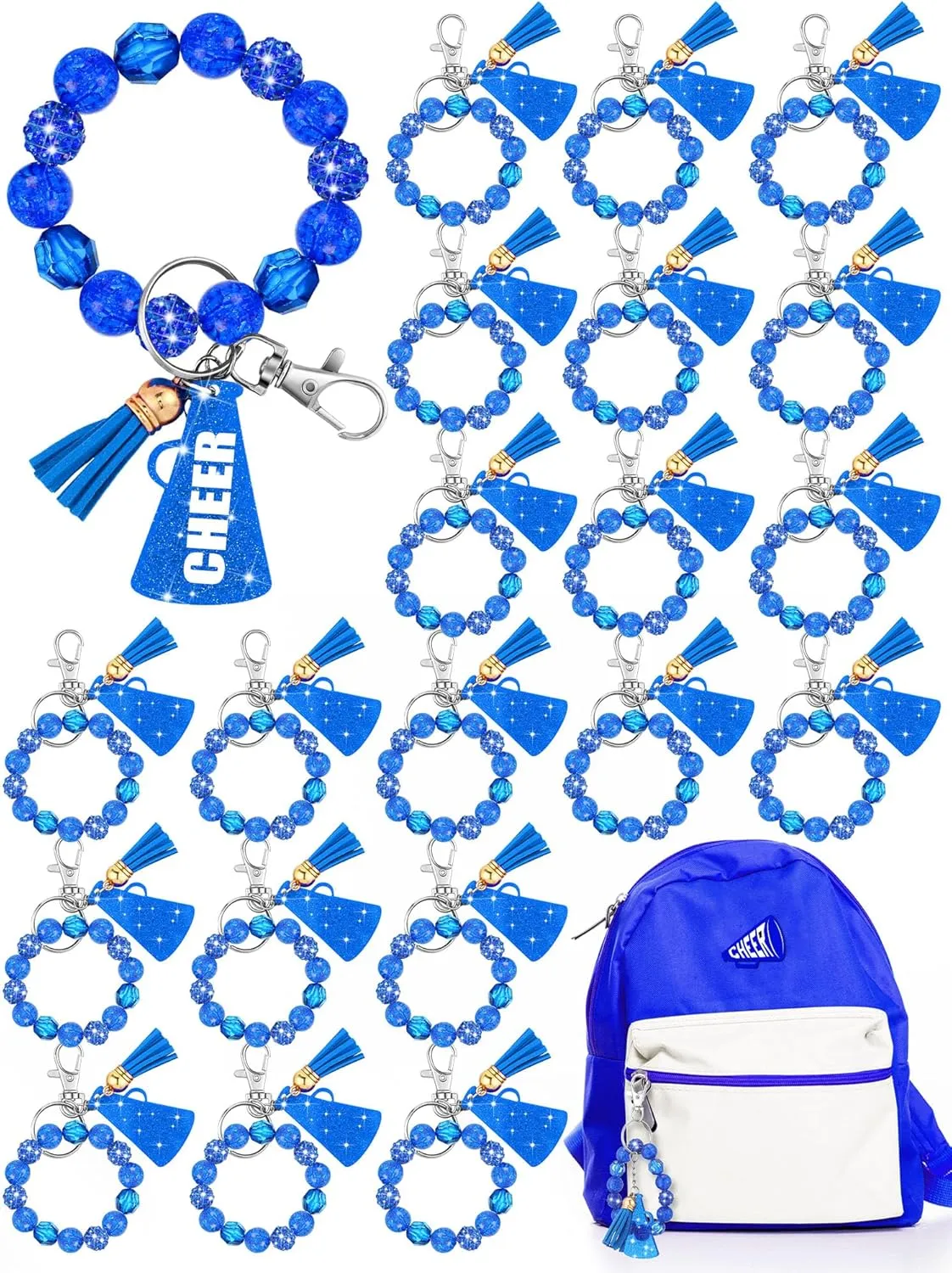Henoyso 20 Pcs Cheer Beaded Wristlet Keychain Bulk Cheer Bow Keychain Sparkle Megaphone Key Ring Women Accessories Team Gift