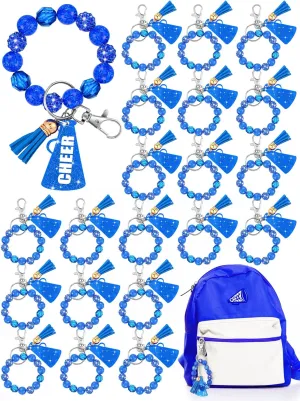 Henoyso 20 Pcs Cheer Beaded Wristlet Keychain Bulk Cheer Bow Keychain Sparkle Megaphone Key Ring Women Accessories Team Gift