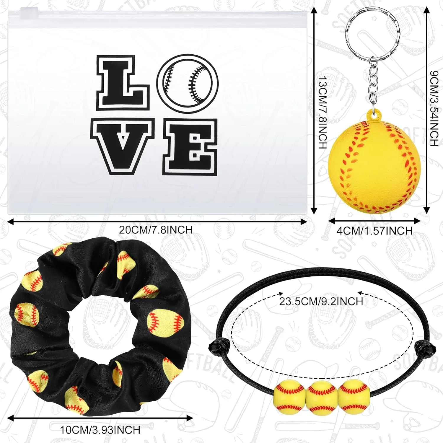 Hicarer Softball Gift Set: 12 Cosmetic Bags, Bracelets, Keychains, Hair Scrunchies for Women and Men's Teams (48 Pcs, Elegant Style)