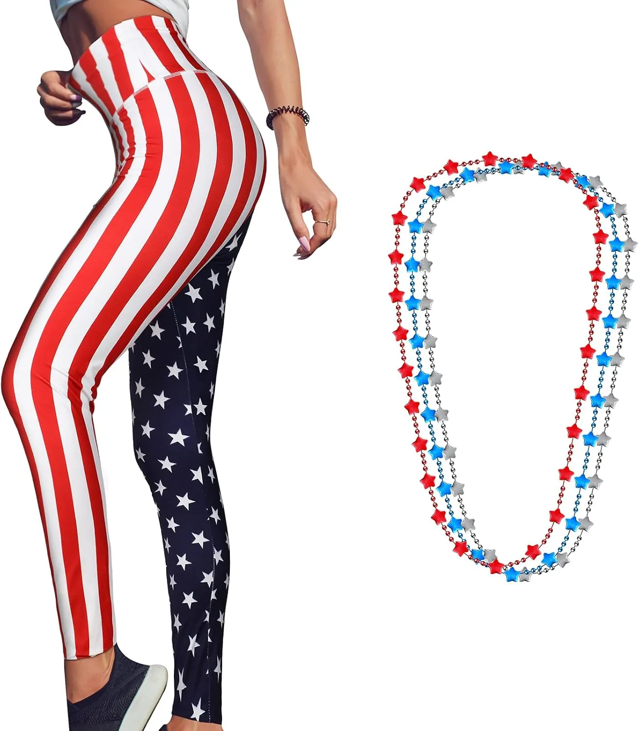 High Waist American Flag Leggings Women's Soft Yoga Running Pants with Star Necklace