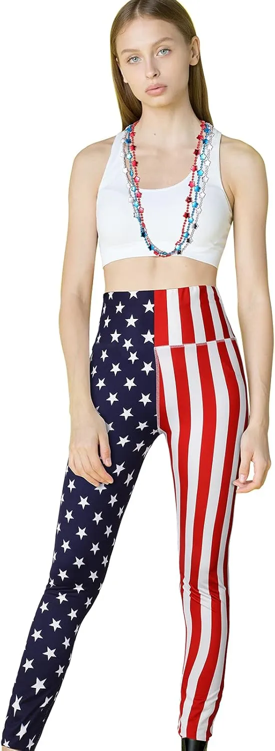 High Waist American Flag Leggings Women's Soft Yoga Running Pants with Star Necklace