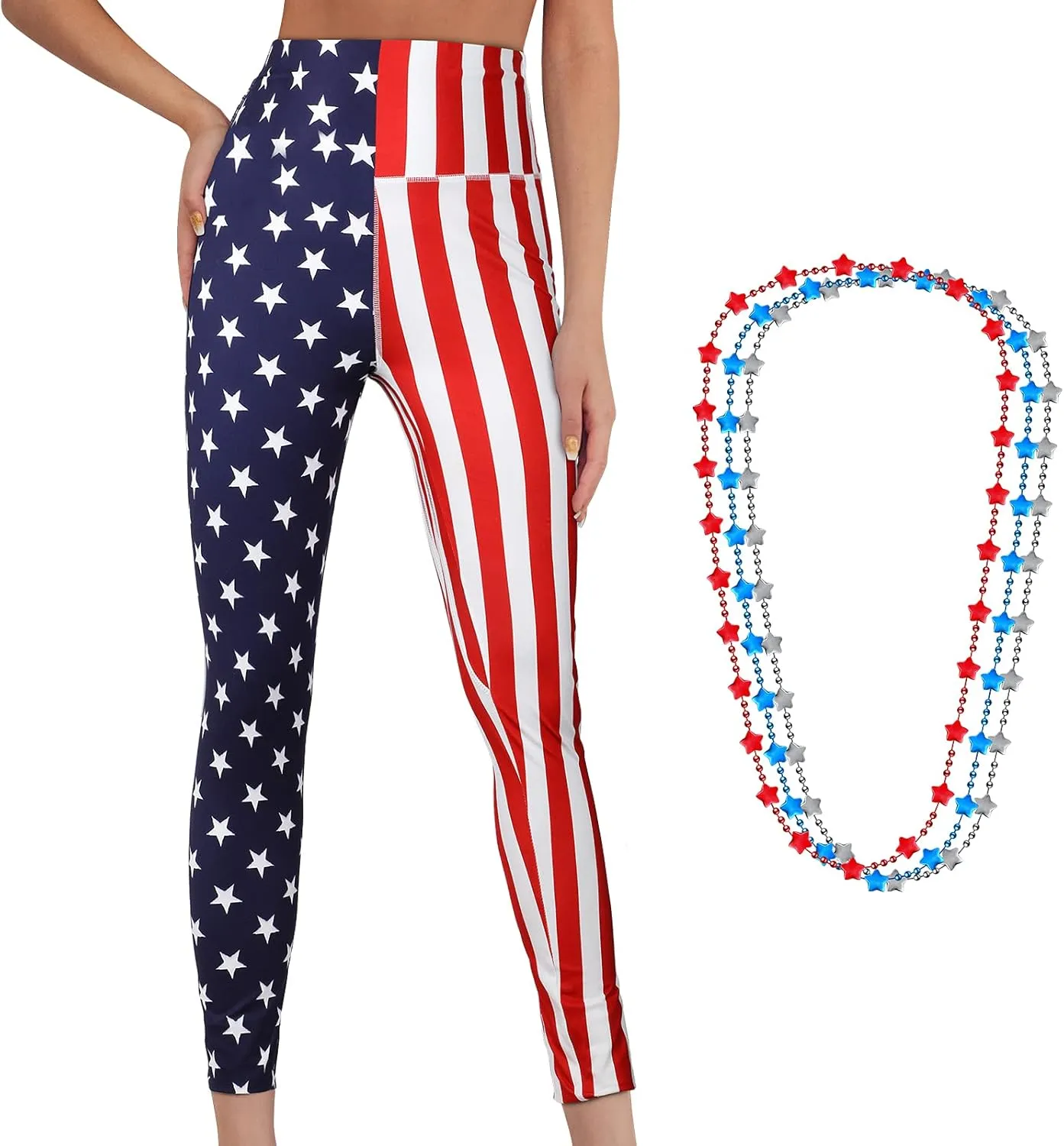 High Waist American Flag Leggings Women's Soft Yoga Running Pants with Star Necklace