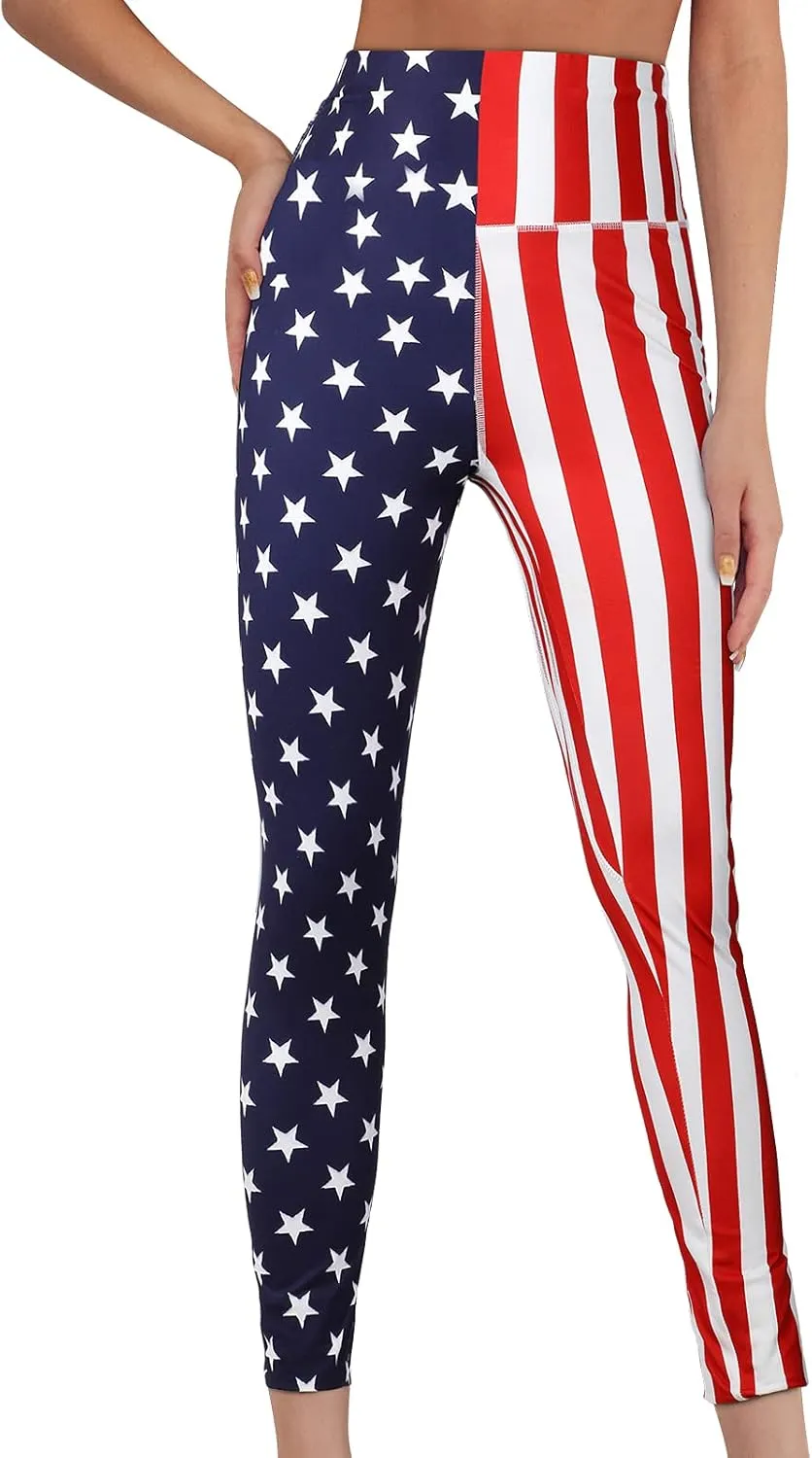 High Waist American Flag Leggings Women's Soft Yoga Running Pants with Star Necklace