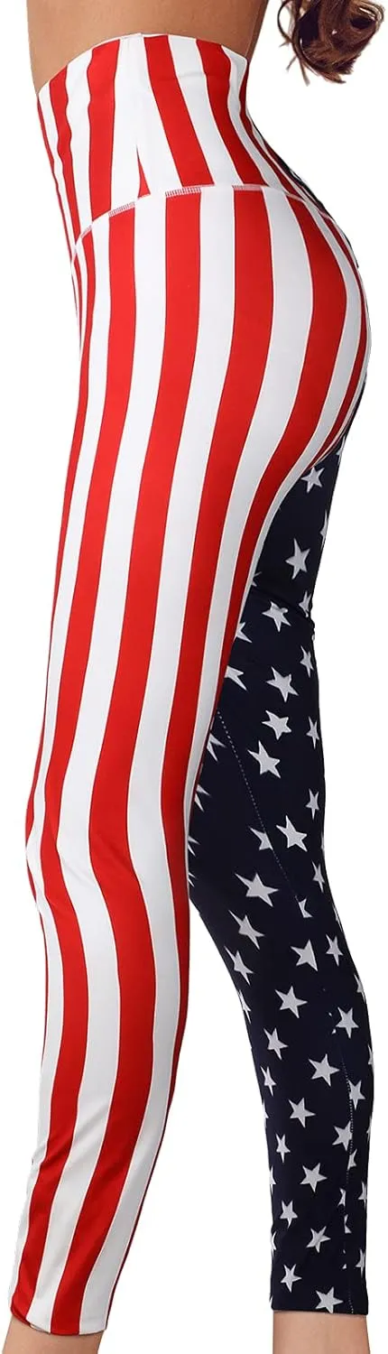High Waist American Flag Leggings Women's Soft Yoga Running Pants with Star Necklace