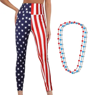 High Waist American Flag Leggings Women's Soft Yoga Running Pants with Star Necklace