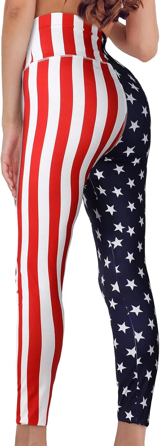 High Waist American Flag Leggings Women's Soft Yoga Running Pants with Star Necklace