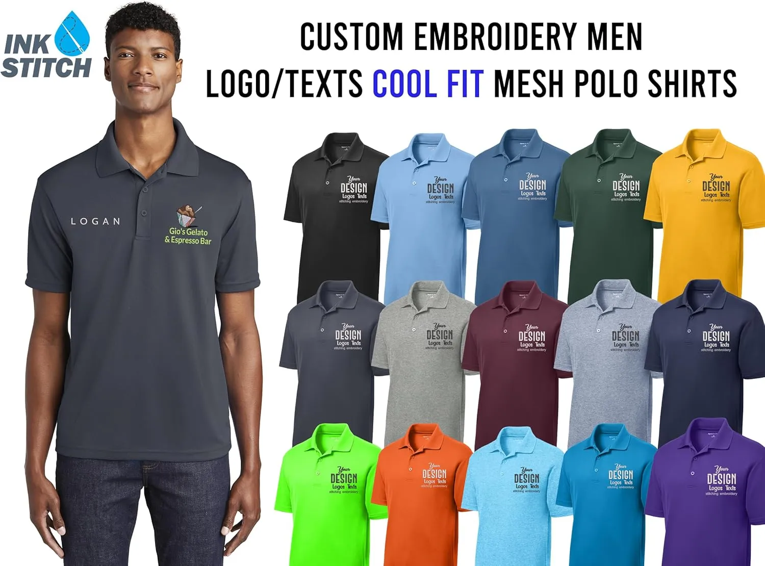 INK STITCH Men St640 Custom Embroidery Personalized Logo Texs Mesh Cool Fit Polo Shirts
