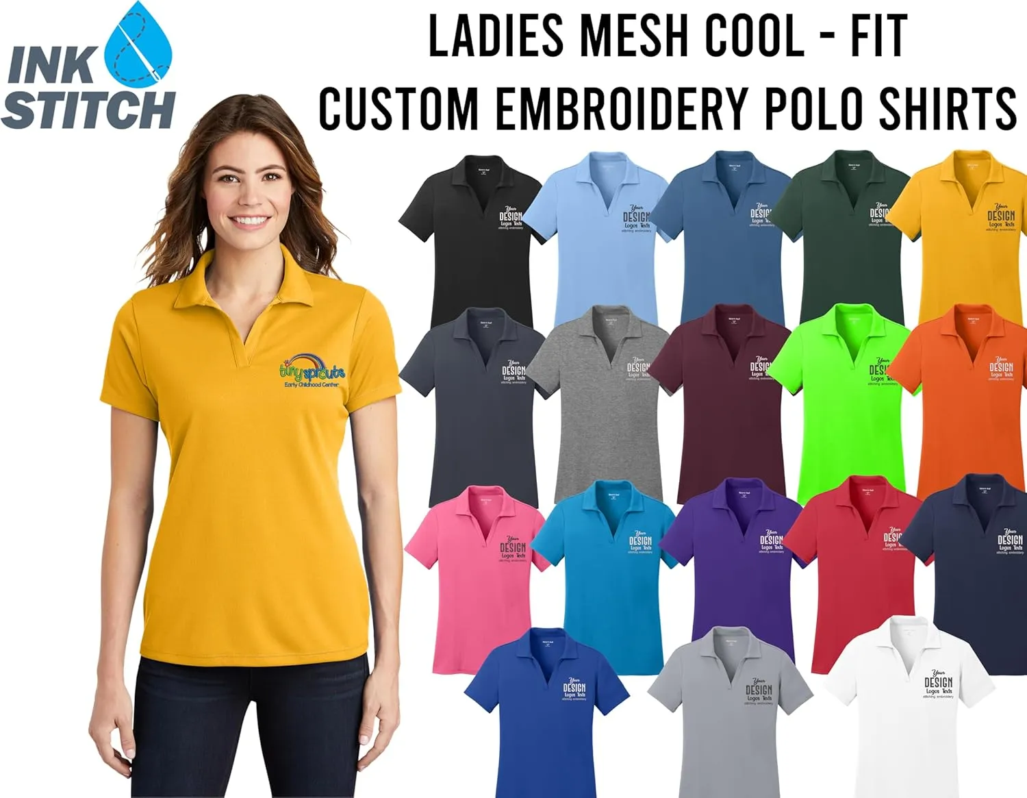INK STITCH Women Lst640 Custom Embroidery Personalized Logo Texs Mesh Cool Fit Polo Shirts