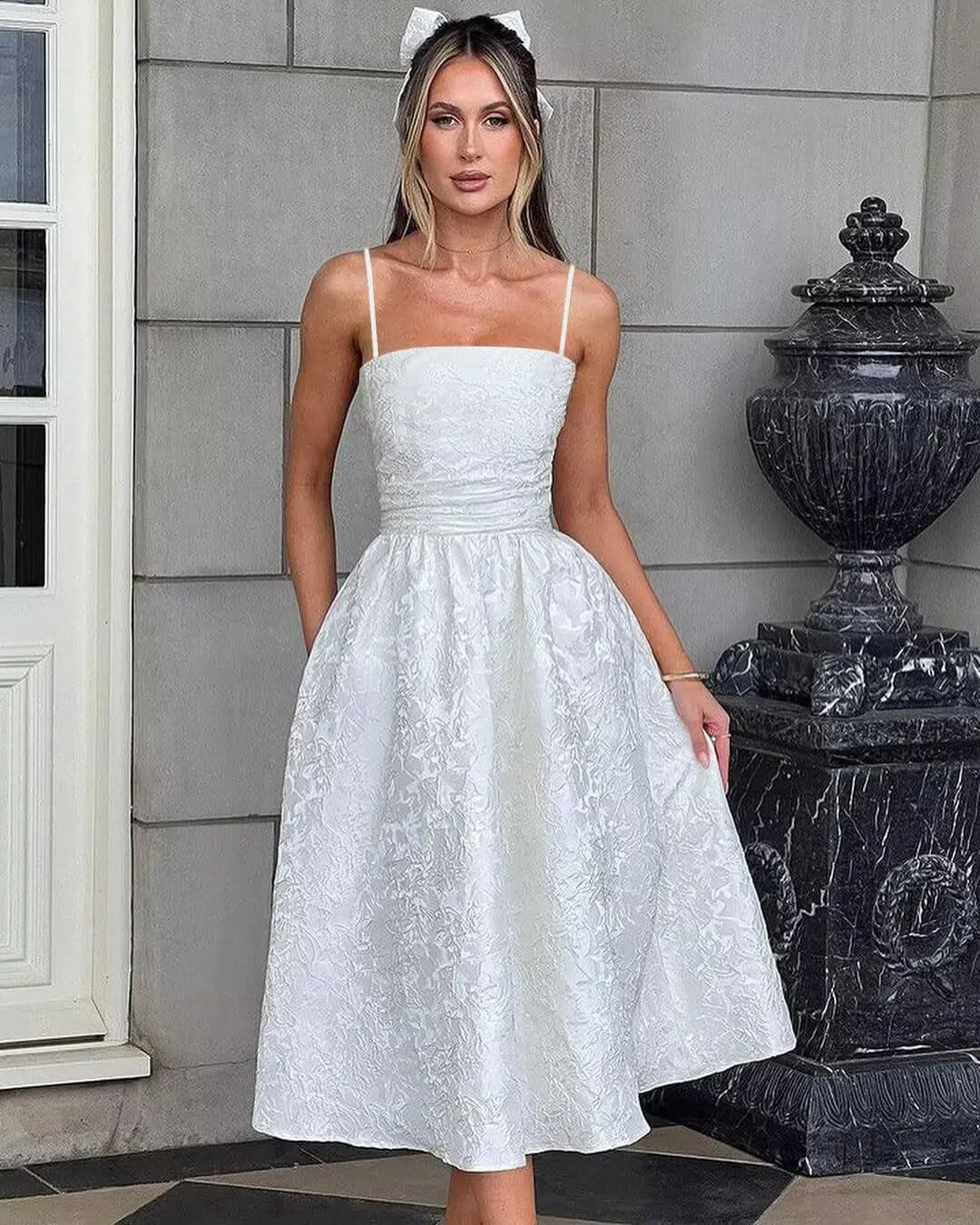 Jacquard Satin Prom Dresses with Bow 2025 Tea Length Party Dress Spaghetti Straps Evening Dress for Women
