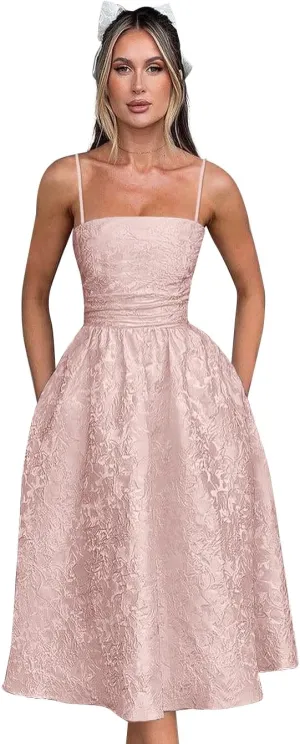Jacquard Satin Prom Dresses with Bow 2025 Tea Length Party Dress Spaghetti Straps Evening Dress for Women
