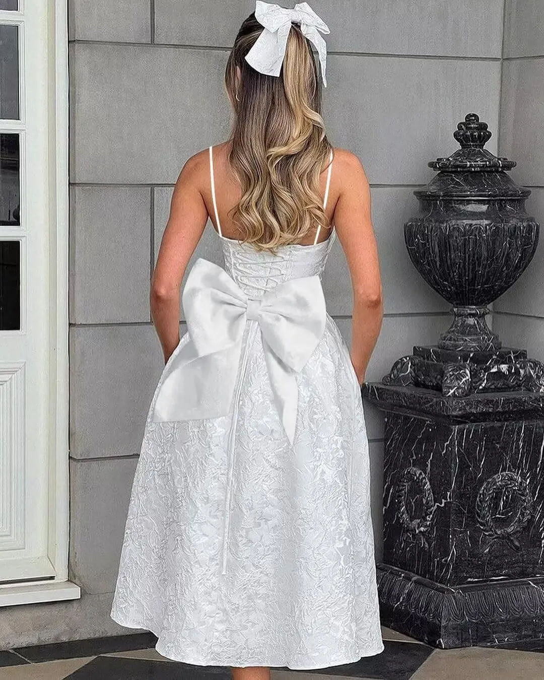 Jacquard Satin Prom Dresses with Bow 2025 Tea Length Party Dress Spaghetti Straps Evening Dress for Women