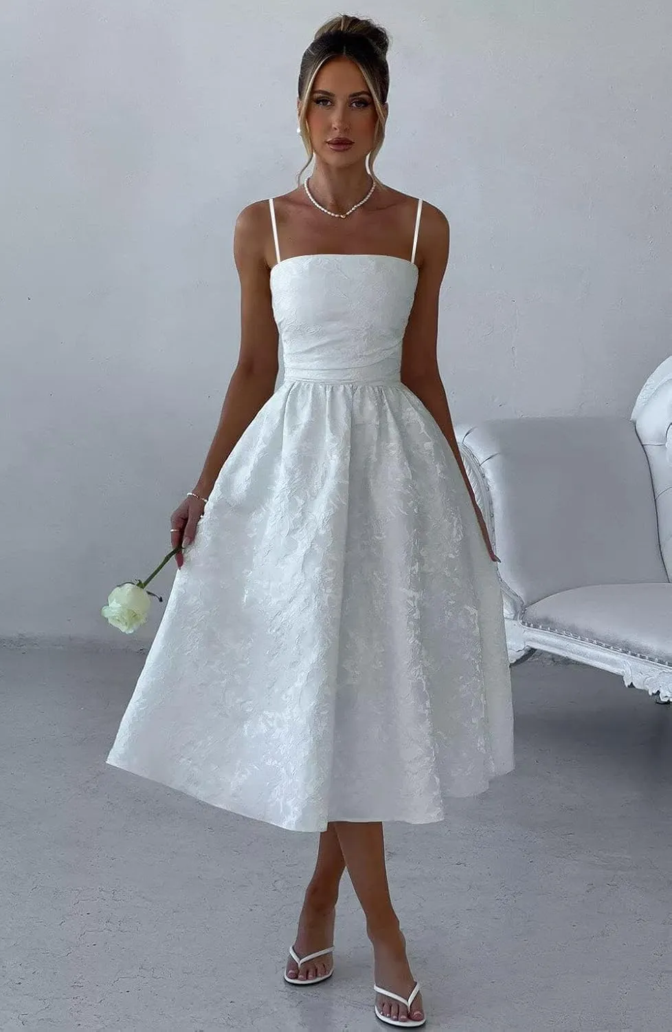 Jacquard Satin Prom Dresses with Bow 2025 Tea Length Party Dress Spaghetti Straps Evening Dress for Women