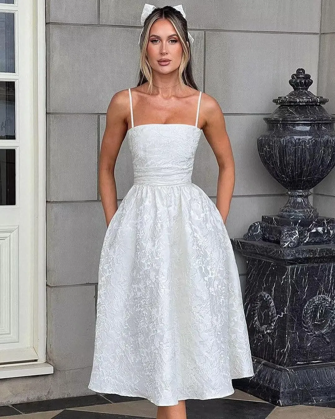 Jacquard Satin Prom Dresses with Bow 2025 Tea Length Party Dress Spaghetti Straps Evening Dress for Women