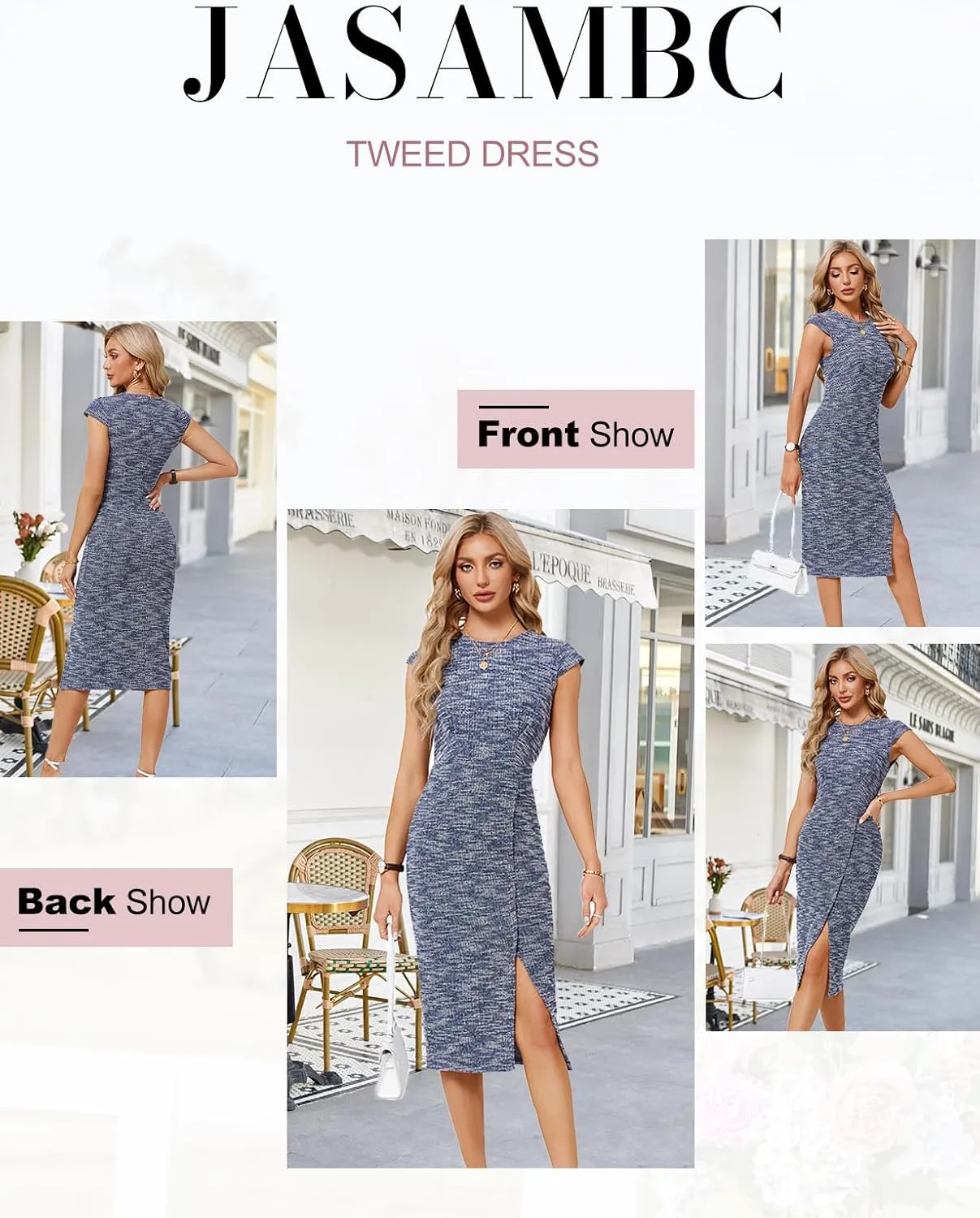 JASAMBAC Womens Work Pencil Dresses Vintage Tweed Slim Dress Cap Sleeve Crew Neck Office Bodycon Midi Dress