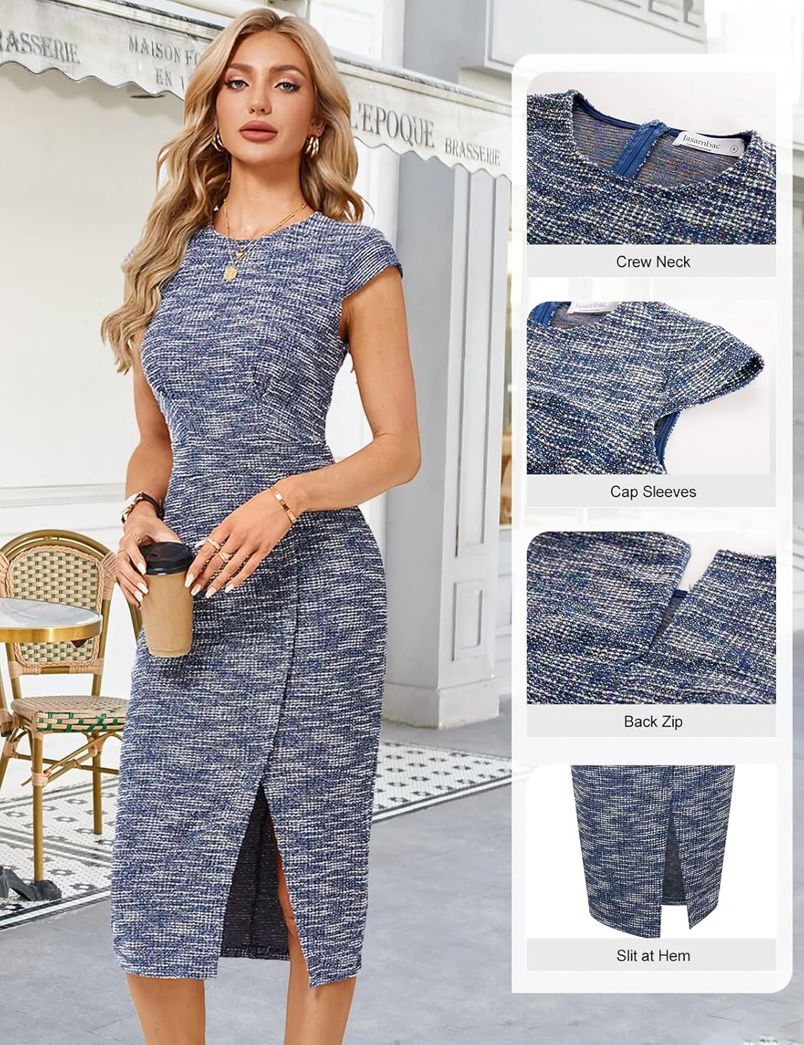 JASAMBAC Womens Work Pencil Dresses Vintage Tweed Slim Dress Cap Sleeve Crew Neck Office Bodycon Midi Dress