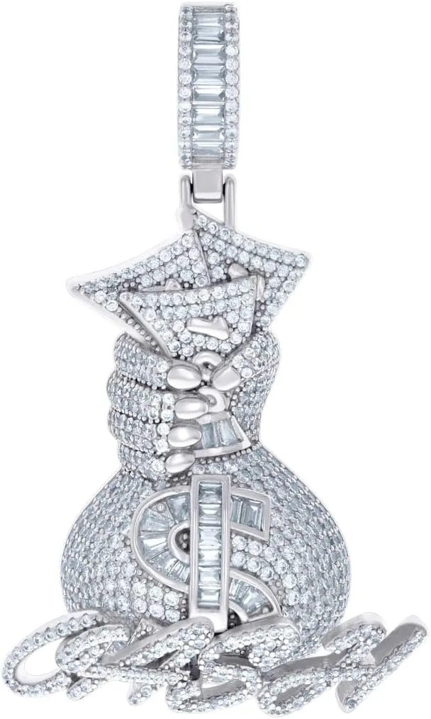 JewelryWeb 925 Sterling Silver Mens Baguette Round CZ Simulated Diamond Money Bag Currency Fashion Charm Pendant 56.9x33.5mm Wide Necklace for Men