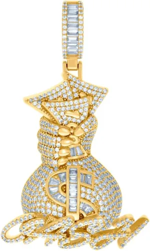 JewelryWeb 925 Sterling Silver Yellow tone Mens Baguette Round CZ Simulated Diamond Money Bag Currency Charm Pendant 56.9x33.5mm Wide Necklace for Men