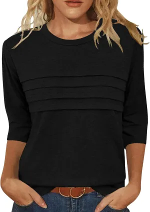 JomeDesign 3/4 Length Sleeve Womens Tops Round Neck Casual Tunic Tops Pleated Shirts Dressy