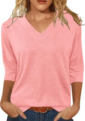 JomeDesign Womens Tops 3/4 Length Sleeve Summer V Neck Shirts Casual Tunic Tops 2025