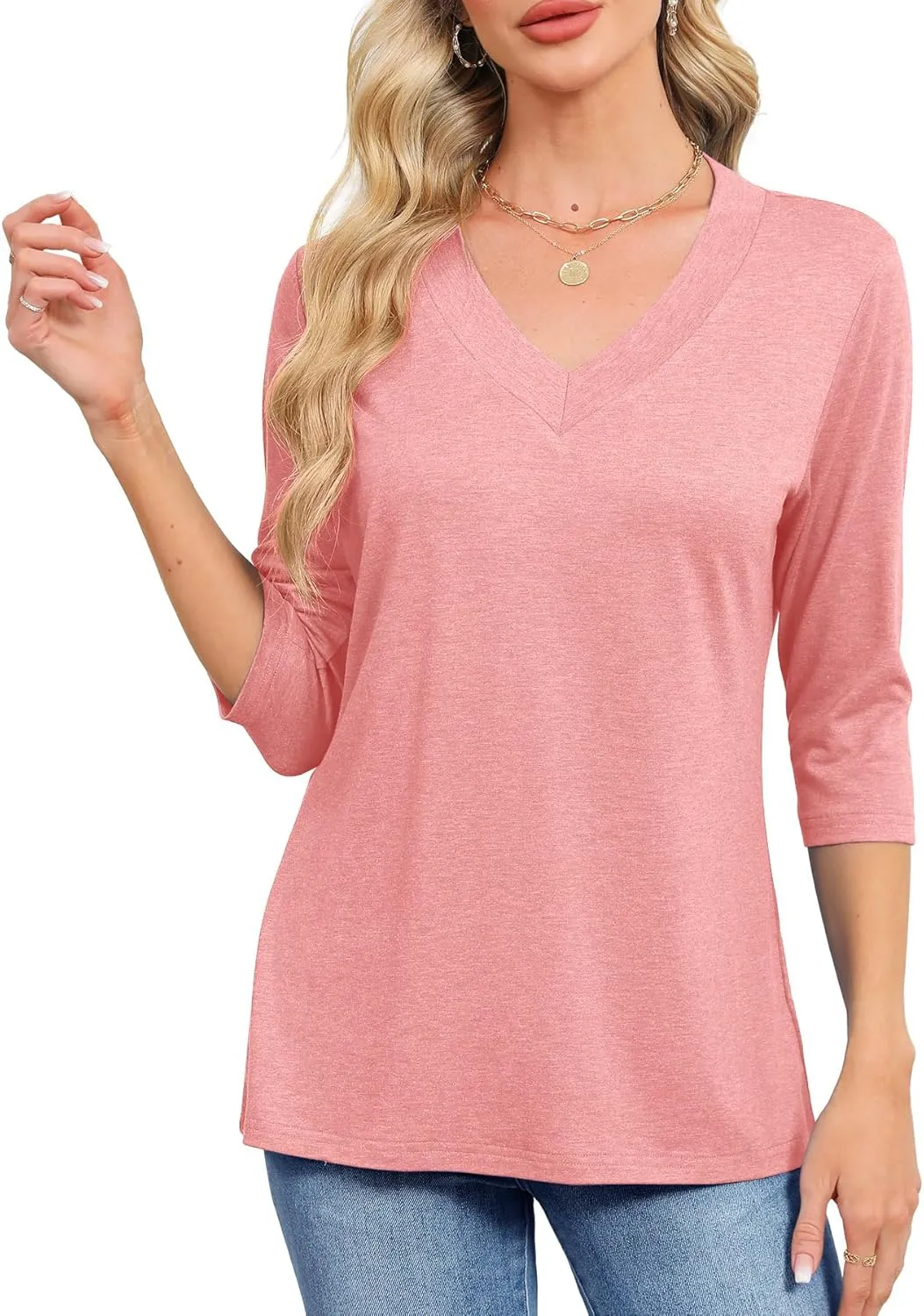 JomeDesign Womens Tops 3/4 Length Sleeve Summer V Neck Shirts Casual Tunic Tops 2025
