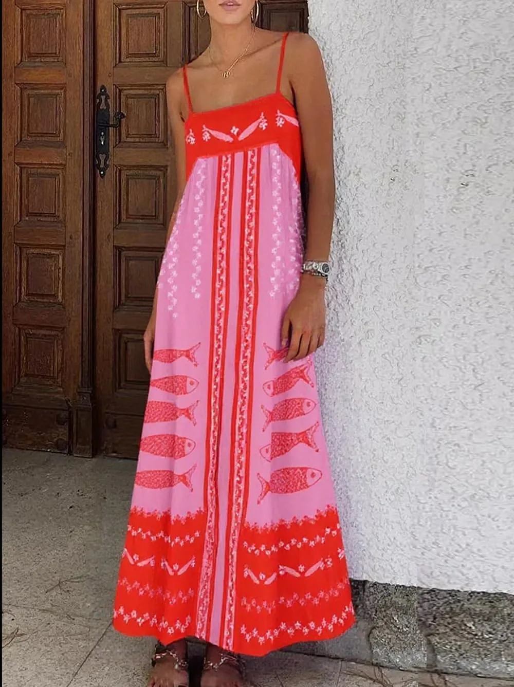 Juakoso Women Spaghetti Strap Maxi Dress Summer Sleeveless Flowy Long Dress Y2k Floral Print Vacation Beach Sundress