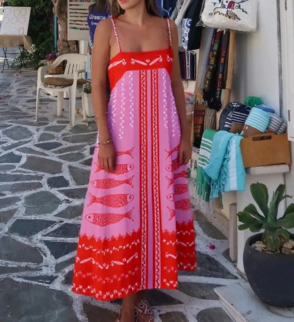 Juakoso Women Spaghetti Strap Maxi Dress Summer Sleeveless Flowy Long Dress Y2k Floral Print Vacation Beach Sundress