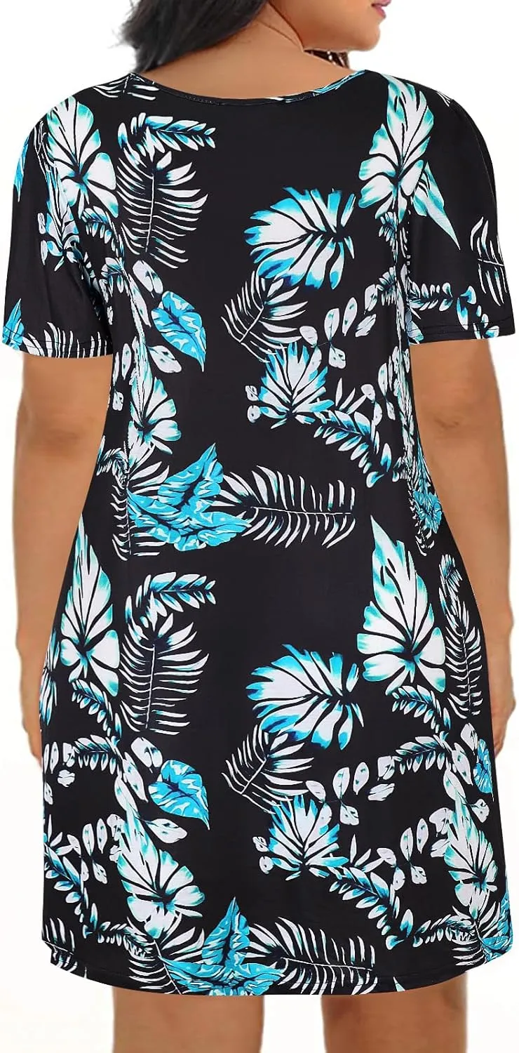Kancystore Women Plus Size Dresses Short Sleeve Cold Shoulder Casual T-Shirt Swing Dress with Pockets