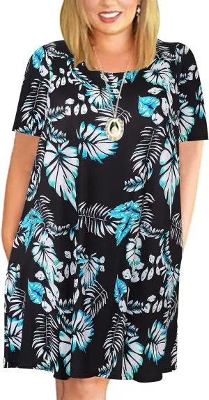 Kancystore Women Plus Size Dresses Short Sleeve Cold Shoulder Casual T-Shirt Swing Dress with Pockets