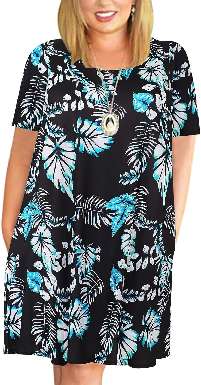 Kancystore Women Plus Size Dresses Short Sleeve Cold Shoulder Casual T-Shirt Swing Dress with Pockets