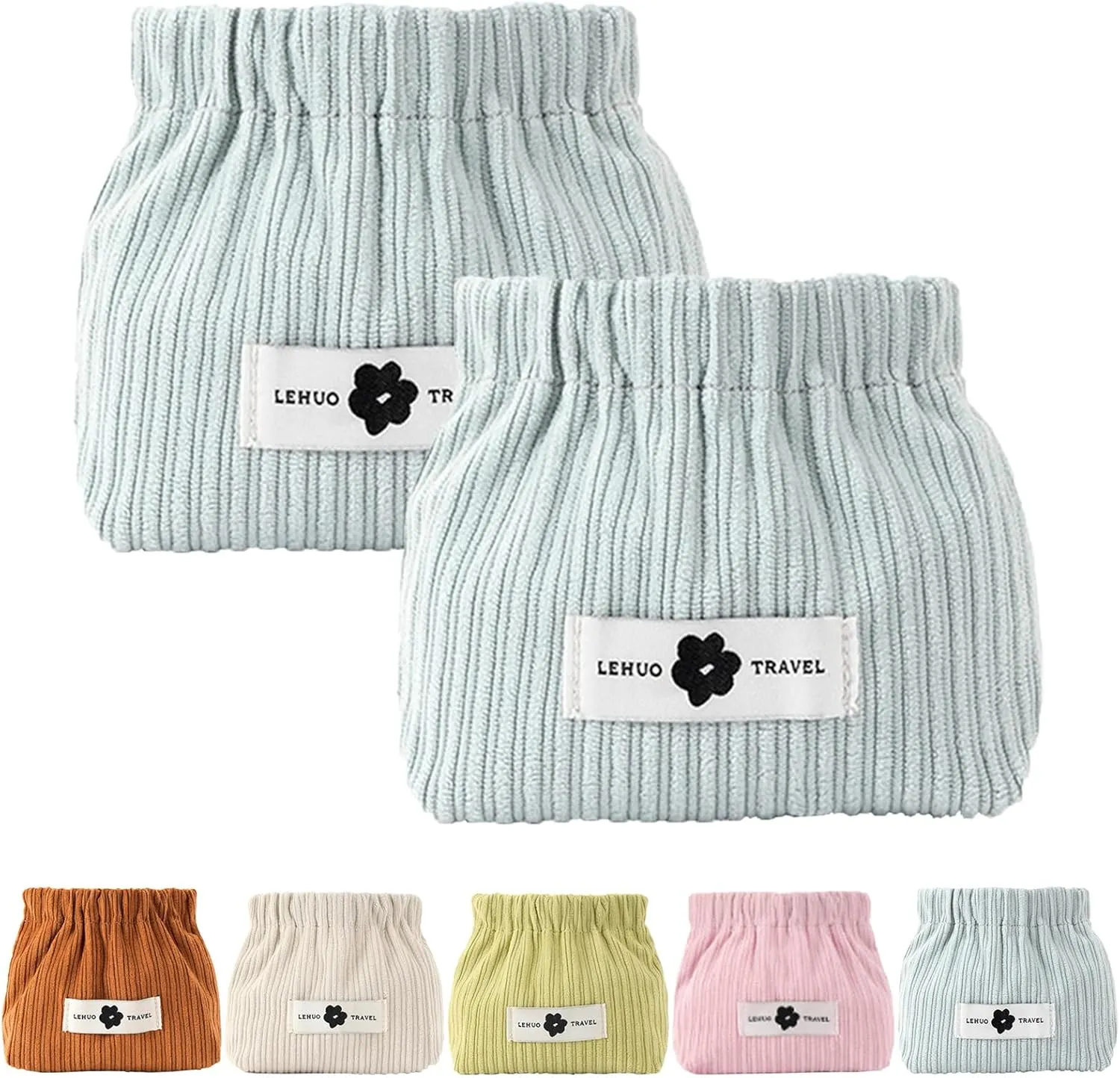 KCRPM Corduroy Elastic Hair Tie Organizer, Cosmetic Bags for Women Makeup Bag Large Capacity Purse Travel Toiletry Zipper Storage Pouch Make up Brushes Organizer for Gifts (2pcs Blue)