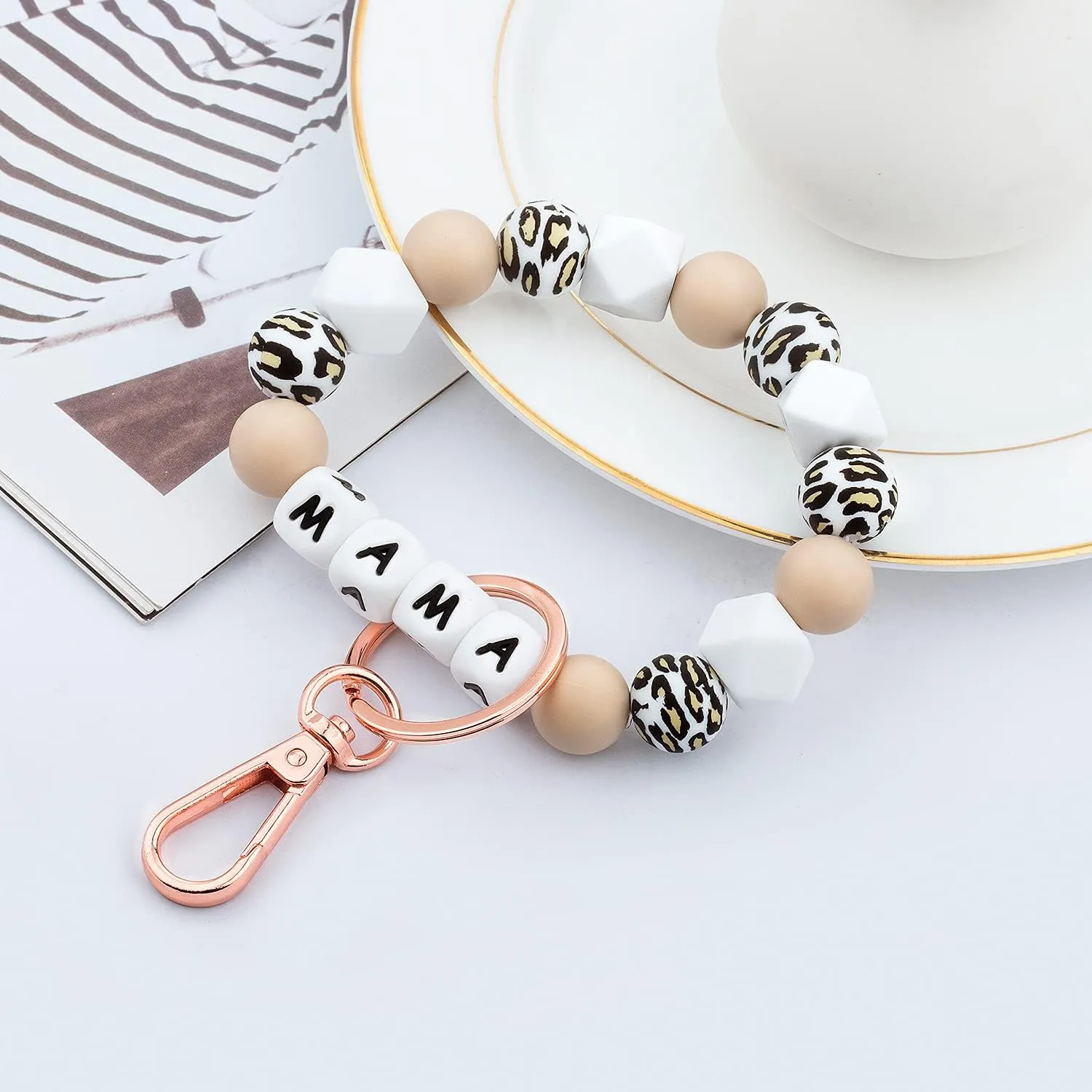 Kemstone Designs Silicone Bracelet Keychain Wristlet,Key Ring Bracelet Beaded Link for Women