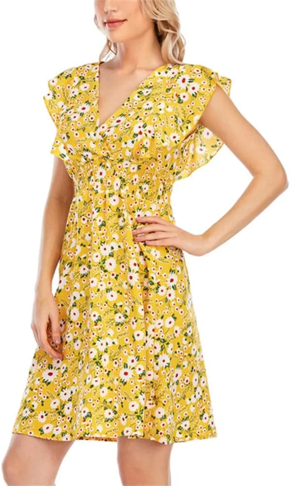 KEOMUD Women's Floral Print V Neck A-Line Summer Ruffle Sleeve Mini Dress Cute Short Dress