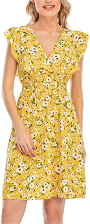 KEOMUD Women's Floral Print V Neck A-Line Summer Ruffle Sleeve Mini Dress Cute Short Dress