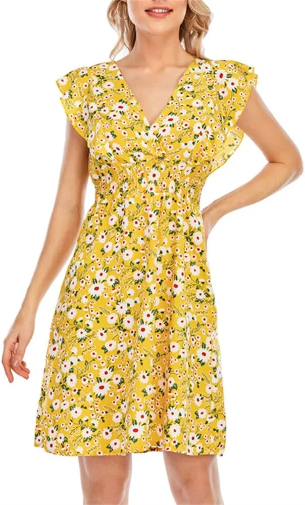 KEOMUD Women's Floral Print V Neck A-Line Summer Ruffle Sleeve Mini Dress Cute Short Dress