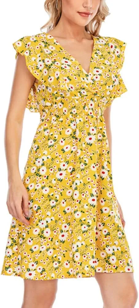 KEOMUD Women's Floral Print V Neck A-Line Summer Ruffle Sleeve Mini Dress Cute Short Dress