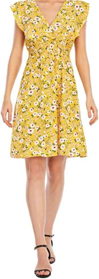 KEOMUD Women's Floral Print V Neck A-Line Summer Ruffle Sleeve Mini Dress Cute Short Dress