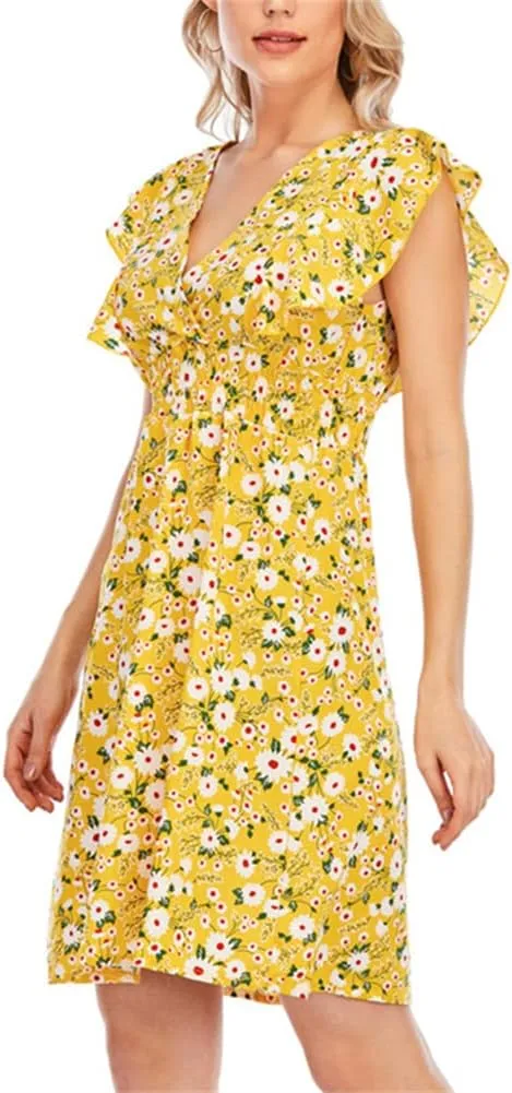 KEOMUD Women's Floral Print V Neck A-Line Summer Ruffle Sleeve Mini Dress Cute Short Dress